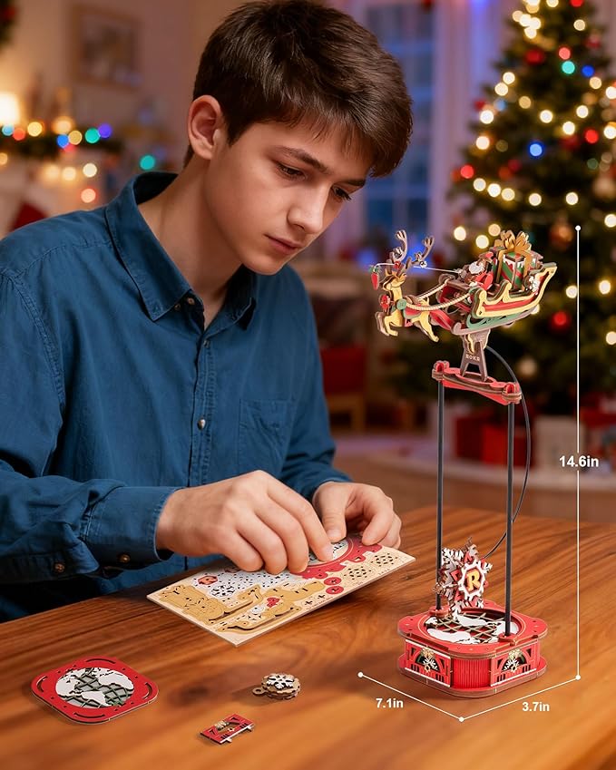 ROKR 3D Wooden Puzzle Santa on Sleigh Gravity Swing Series Wooden Model Kits DIY Dynamic Balance Christmas Decor,Mechanical Model Building Kit, for Teens and Adults