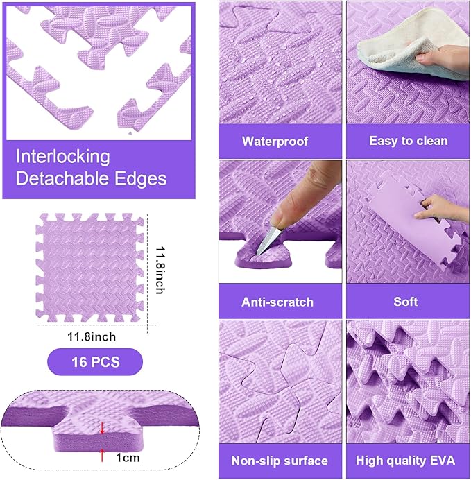 Shihanee 16 Pcs Foam Floor Baby Tiles 11.81 x 11.81 inches Foam Floor Mats Play Mats Bulk with Borders Interlocking for Kids Baby Playroom Nursery Gym（Purple）