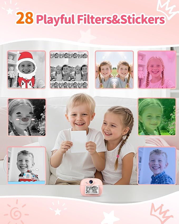 Kids Instant Print Camera,1080P Video Instant Digital Camera for Kids, Christmas Birthday Gift for Girls and Boys Age 3 4 5 6 7 8 9 10, Toy Camera with 32GB SD Card,Christmas Stocking Stuffers, Pink