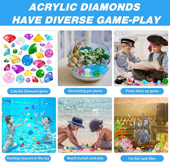 YUJUN 46 PCS Diving Gems Toys,Acrylic Big Diamond Pool Gems with Pirate Treasure Chest Summer Beach Underwater Swimming Toys for Kids Birthday Swimming Pool Party Favors Fish Tank Stuffer (3 Sizes)