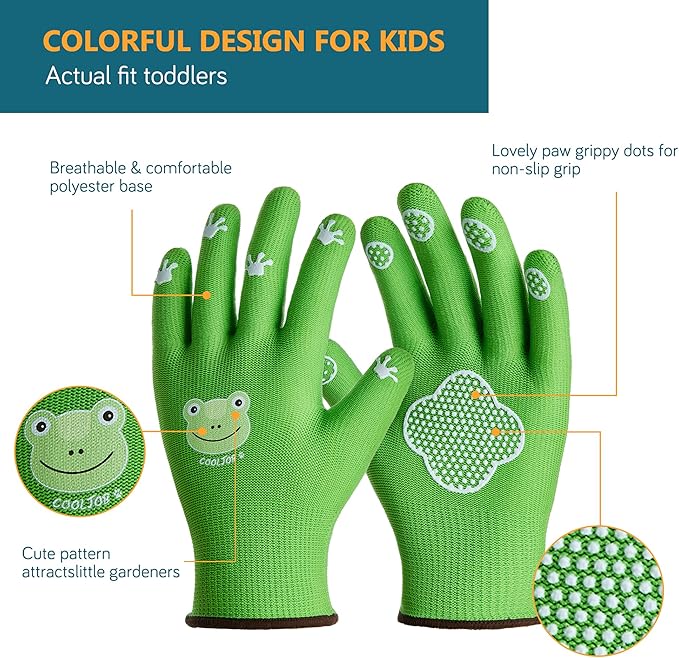 COOLJOB Small Toddler Gardening Gloves for Little Boys Girls Ages 2-4, Breathable Kids Work Gloves with Grippy Animal Paw Dots for Children Yard Landscape, Green Frog, 1 Pair