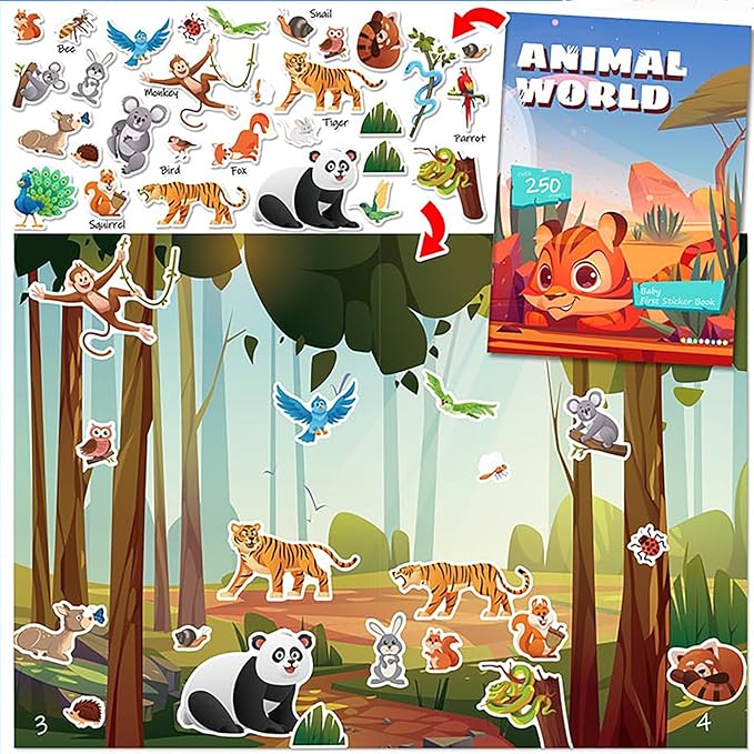 Sticker Book for Kids, 250+ Animal Stickers & 8 Scenes Activity Sheet, Reusable Busy Book, Seek and Find Sticker Coloring Pad, for Boys Girls Toddlers Ages 2-4 4-8 Years Old 3-5 6-7