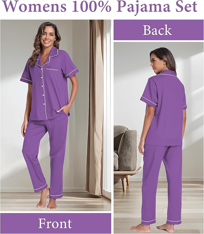 CF Womens 100% Cotton Pajamas Set Button Down Pjs Sets Short Sleeve Top & Long Pants Sleepwear Comfy Loungewear with Pockets