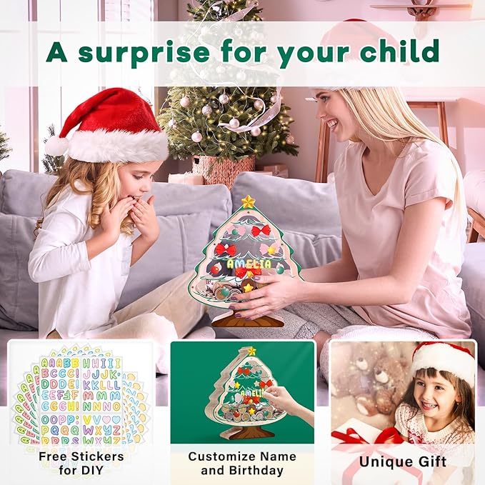 Wooden Christmas Piggy Bank for Kids, Christmas Tree Piggy Bank with Acrylic Panels, Unbreakable Toddler Money Box for Boys Girls, DIY Safe Coin Bank with Letter Sticker, Christmas, Birthday Gift