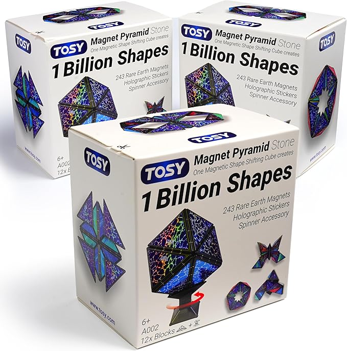 TOSY Magnet Pyramid Stone - 1 Cube Transforms into 1 Billion Shapes, 12 Pieces, 243 Rare Earth Magnets, Holographic Design Magnet Tiles Creative Puzzle STEM/STEAM Toy, 3-Pack