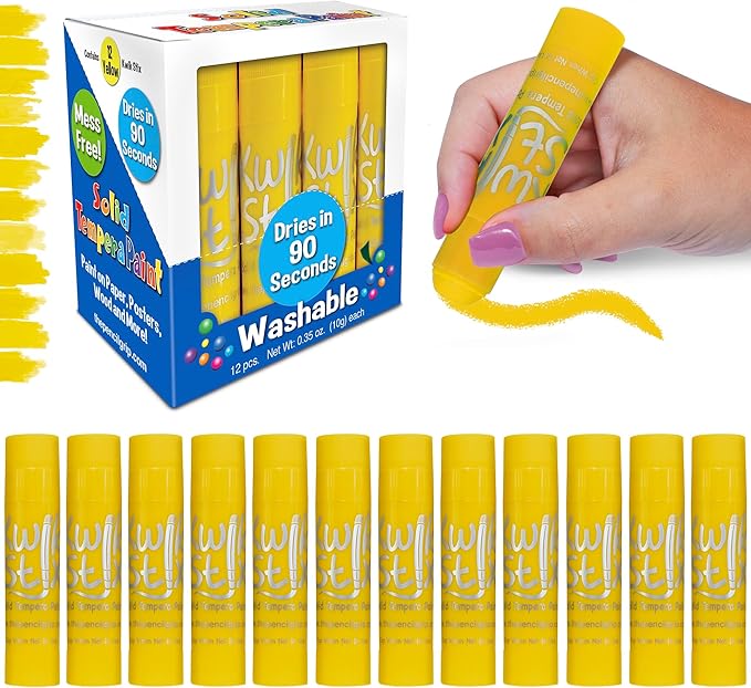 Kwik Stix Solid Tempera Paint Sticks – 12 Pack of Yellow – Same Color Washable, Quick Dry (90 Seconds), ASTM Certified, Non-Toxic, Allergen-Free Kids & Toddler Art Supplies for Home, School & Crafts
