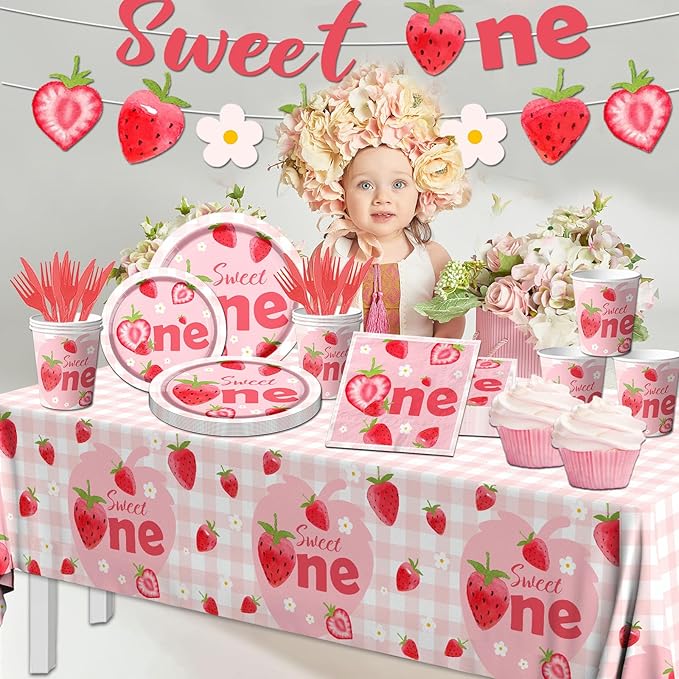 Strawberry First Birthday Party Tableware Set, 142Pcs Sweet One Strawberry Birthday Party Decorations, Include Plates, Cups, Napkins, Banner, Tablecloth for Berry First Birthday Party Supplies