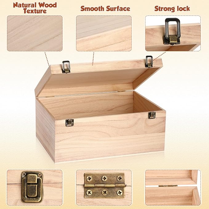 Wesiti 2 Pcs Unfinished Wooden Box 14 x 10 x 6.5 Inch Treasure Chest Craft Box with Hinged Lid Rustic Large Paint Box Stash Crate for Storage Carving DIY Gift