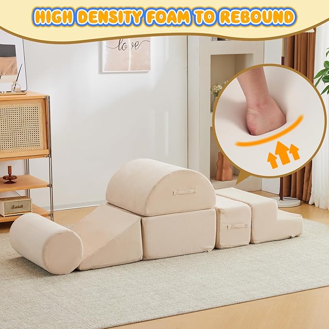 jela Kids Foam Climbing Blocks 6Pcs Soft Play Equipment Luxury Miss Fabric Toddler Climbing Toys Indoor, Lightweight Climbing Blocks for Babies, Kids, Climb and Crawl Foam Playset (Sand Beige)