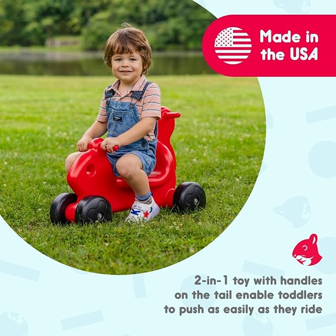 Careplay 2-in-1 Squirrel Push & Ride-on Toy, Indoor & Outdoor Use, Low Profile Seat, Recommended for Children up to 50lbs, Durable Construction, Made in The USA (Red)