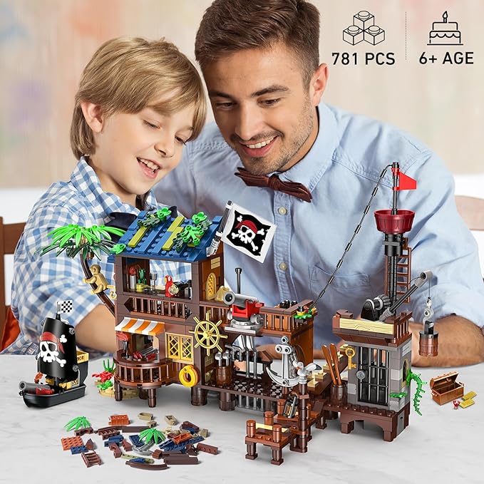 3 Style Pirate Ship Wharf Building Set with LED Light - 781PCS Medieval Pirate's House Building Block Toy, Architecture Bricks Kit for Kids Girls Boys Ages 6-12+ Birthday Gifts