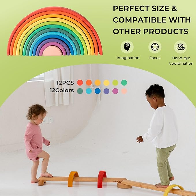 AVDAR 12Pcs Wooden Rainbow Stacker Toy, Extra Large Wooden Rainbow Stacking Toy, Montessori Nesting Puzzle for Kids