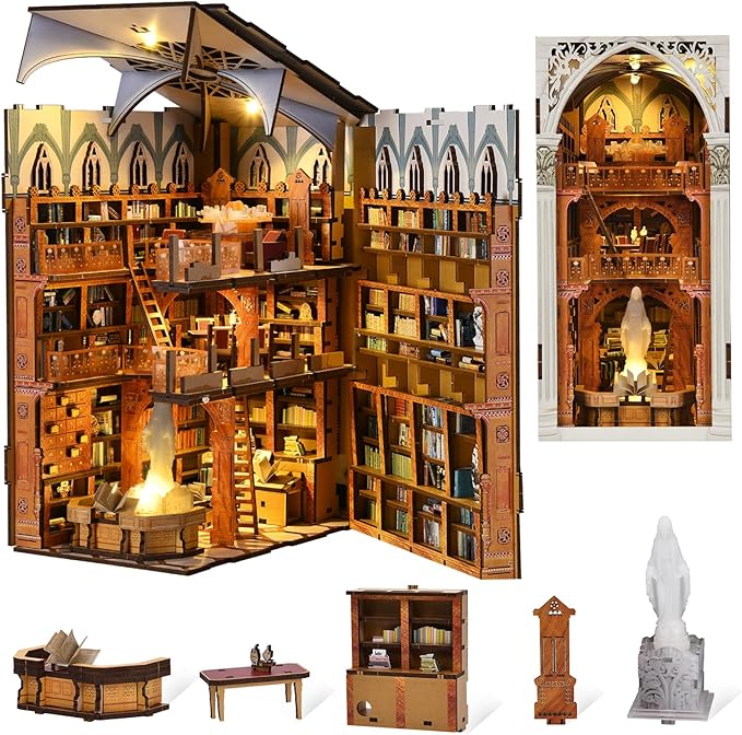 Book Nook Kit, DIY Miniature Dollhouse Booknook Kit with Led Light and Dust Cover (Public Library)