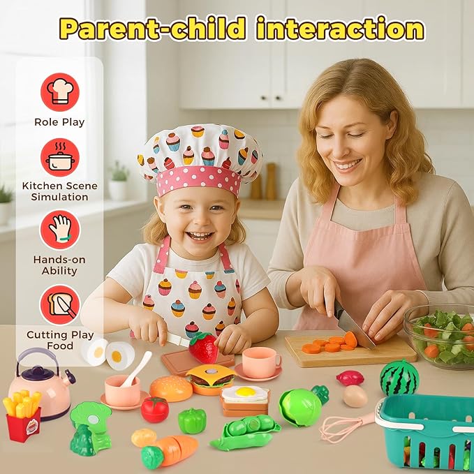 LovesTown 59PCS Play Kitchen Accessories with Basket, Pink Pretend Play Food Set for Kids with Pots Pans Tableware Kitchen Cooking Toys for Toddler Gifts for Boys Girls