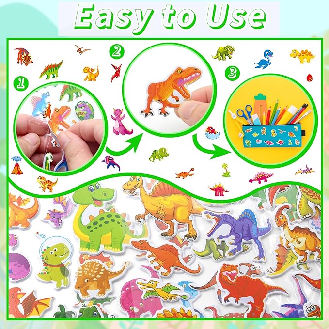 36 Sheets Dinosaur Stickers for Kids - 900+ 3D Puffy Stickers Prehistoric Theme | T-Rex, Stegosaurus, Volcano | Reusable, Waterproof | Crafts, Scrapbooking, Party Favors