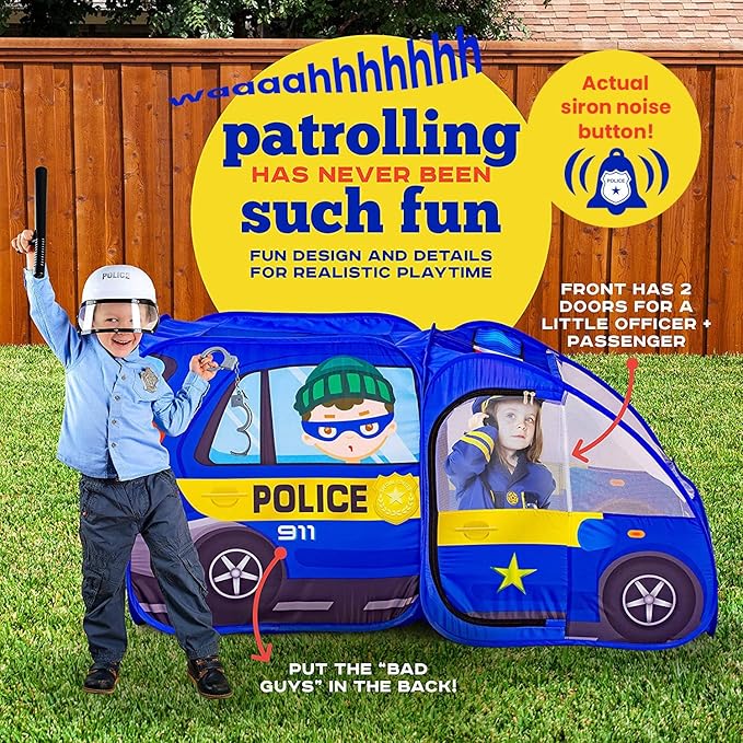 Police Car Pop Up Play Tent with Sound Button for Kids, Toddlers, Boys, Girls, Indoors & Outdoors – Playhouse for Interactive Fun - Foldable, Quick Setup Pretend Play Toys & Gift