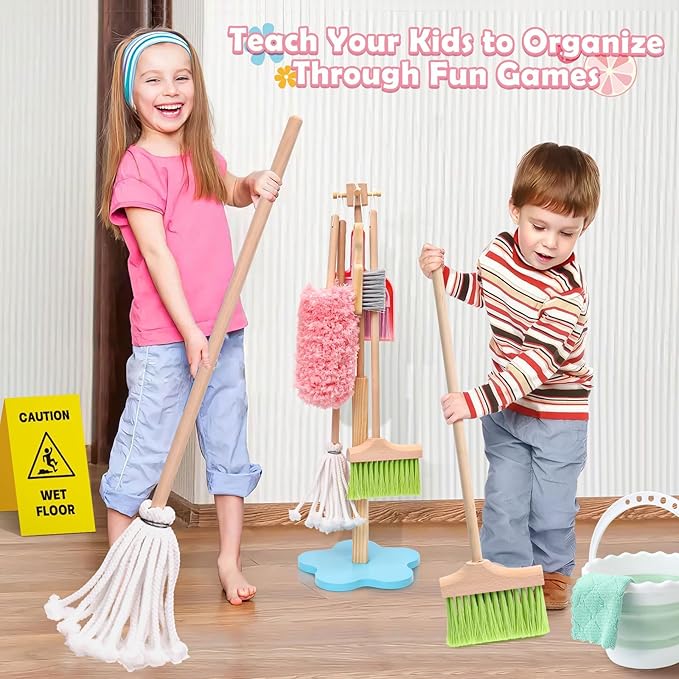 Lonico Wooden Kids Cleaning Toy Set for Toddlers Mop Broom and Dustpan Set, 12 Pcs Detachable Housekeeping Playset with Bucket Duster Brushes Pretend Play Cleaning Toys Gift for Boy Girl Age 3 4 5 6