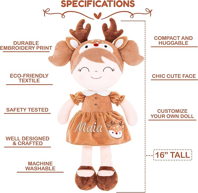 Gloveleya Personalized Doll with Embroidered Name - Brown Deer Custom Plush Doll for Girls Cute Plush Doll Customized Gift - Muñecas de Trapo Personalizadas para Niñas
