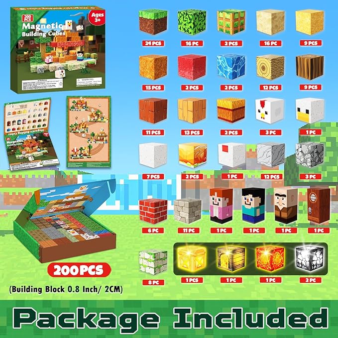 200 PCS Magnetic Blocks with Light Up Blocks,Magnetic Cubes Building Blocks Toys for Ages 3-10 STEM Sensory Educational Stacking Toys for Boys & Girls Birthday Chritmas Gifts