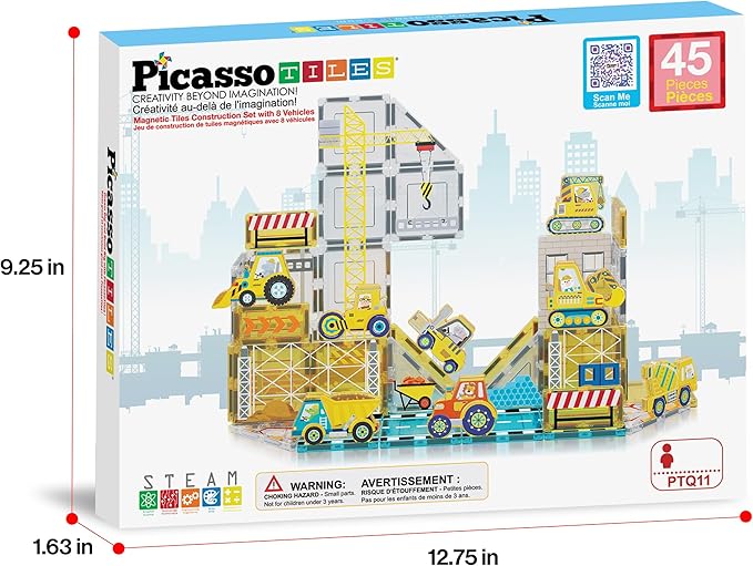 PicassoTiles Magnet Tiles Magnetic Building Blocks with 8 Construction Vehicles Crank Truck Excavator Bulldozer Road Roller Concrete Mixer Tractor Dump Truck Forklift Toys Learning Kids Ages 3+ PTQ11
