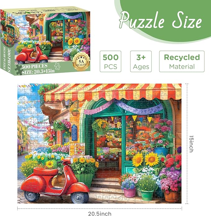 500 Piece Puzzles for Adult, Flower Shop Jigsaw Puzzles 500 Pieces for Adults Kids Senior, Motorcycle Adult Puzzle, Challenging Family Fun Puzzle Activity Game Gift for Friend 20.5 X 15 in