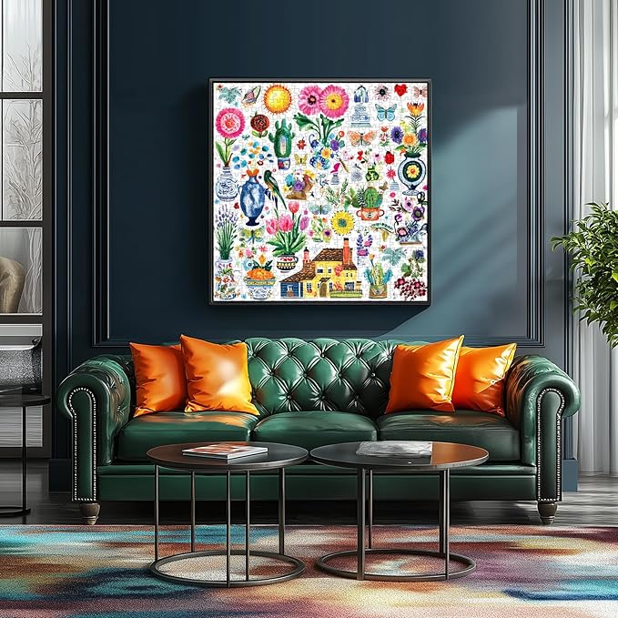 500 Piece Jigsaw Puzzle for Adults Vibrant Garden Scene Cute Butterflies Flowers Birds House Whimsical Doodle Collage Garden Charming Cartoon Art Challenging Yet Relaxing, 20x20 Inch Artwork