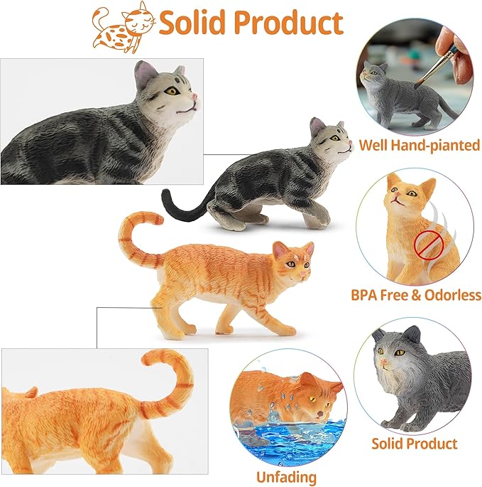 Toymany 8PCS Grey & Orange Cat Figurines Set, Realistic Cat Figures Kitten Toys, Cat Cake Toppers Halloween Christmas Birthday Gift for Kids Children