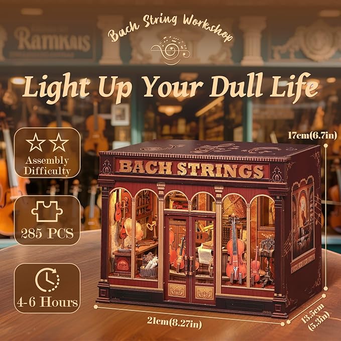 Fsolis Book Nook Kit - DIY Scene Miniature Dollhouse Kit for Adults, Shelf 3D Puzzles 285 pcs, Tiny House Mini Music Shop Model Booknook Craft Bookshelf Decor Gifts for Women (Bach Strings)