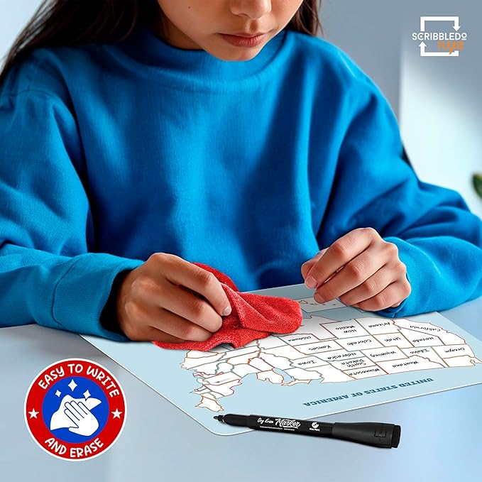 SCRIBBLEDO US Map Practice Sheets 11'x14' Dry Erase Sheets for Homeschool, Classroom Pack of 10