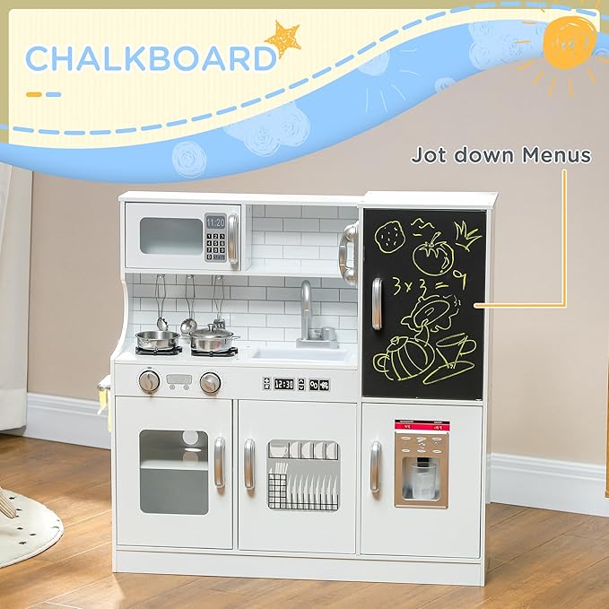 Qaba Kids Kitchen Playset - Pretend Play Toy Kitchen with Phone, Chalkboard, Towel Rack, Ice Maker, 5 Accessories, Storage Space, Microwave & Sink - Gift for 3-8 Years, White