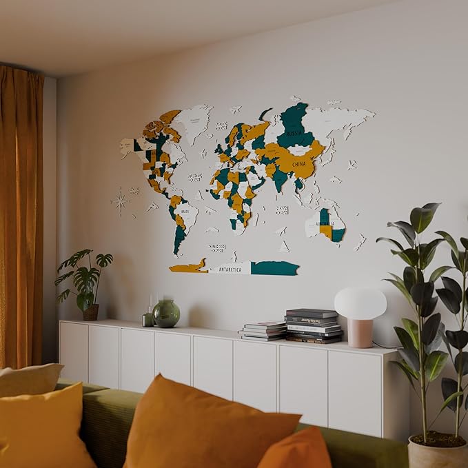 Colorfull Worlds 3D Wooden World Map Wall Art | Unique Wall Decor with Pins for Travel Enthusiasts | Home and Office Wall Décor | Gold-Blue | XLarge