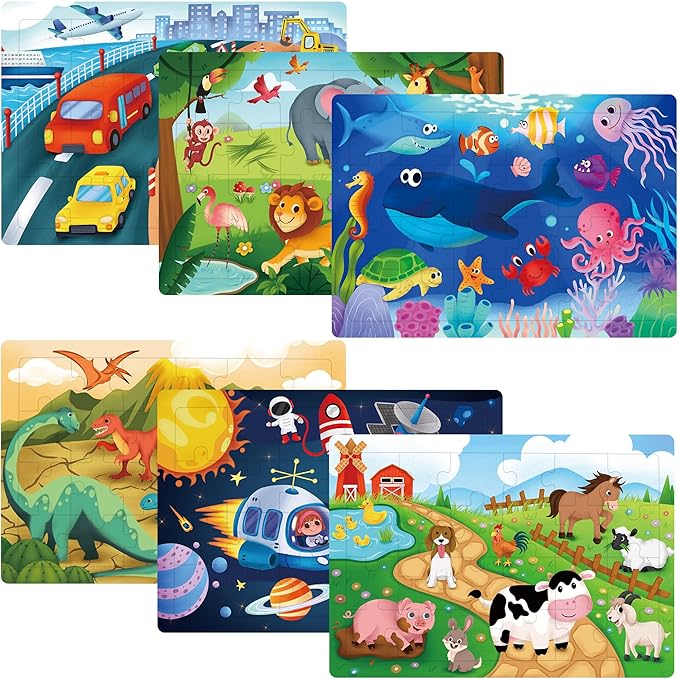 BenBen Puzzles for Kids Ages 4-6, 6 Pack 24 Piece Wooden Jigsaw Puzzles for Toddlers Ages 3-5, Preschool Learning Educational Toys for Boys Girls