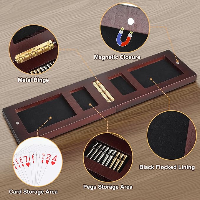 Cribbage Board Game Set, Premium Wooden Board with Magnetic Lock and Built-in Storage, Deck of Cards & 9 Metal Pegs, Fun 2–3 Player Travel Game for Adults and Family