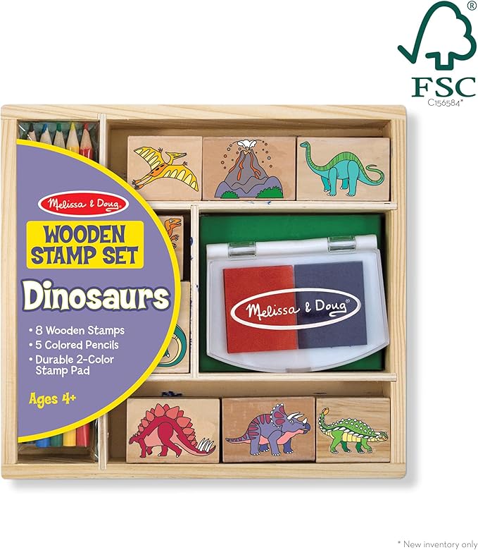 Melissa & Doug Wooden Stamp Set: Dinosaurs - 8 Stamps, 5 Colored Pencils, 2-Color Stamp Pad - FSC Certified