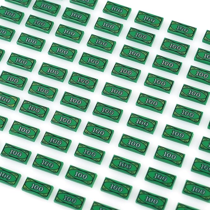 MALEKO Money Tiles Bank Bill Accessories, 200 Pieces 100-Dollar Green 1x2 Tiles, Bulk Building Toy Parts, Compatible with All Major Brands