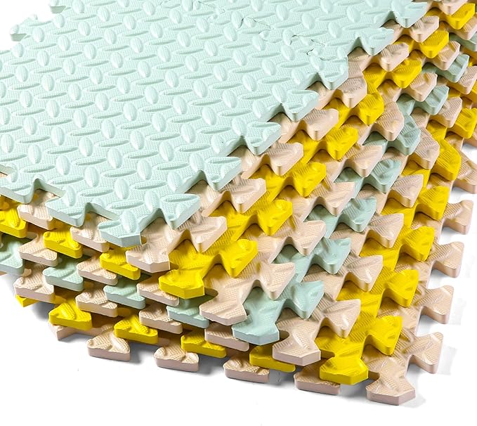Foam Floor Mats for Kids, 12 x 12 Inch 16 Tiles 0.4" Thickness Foam Play Mat, Non-Toxic Square Interlocking Floor Mats Rubber Baby Play Mat for Toddlers(Beige/Yellow/Bean Green)