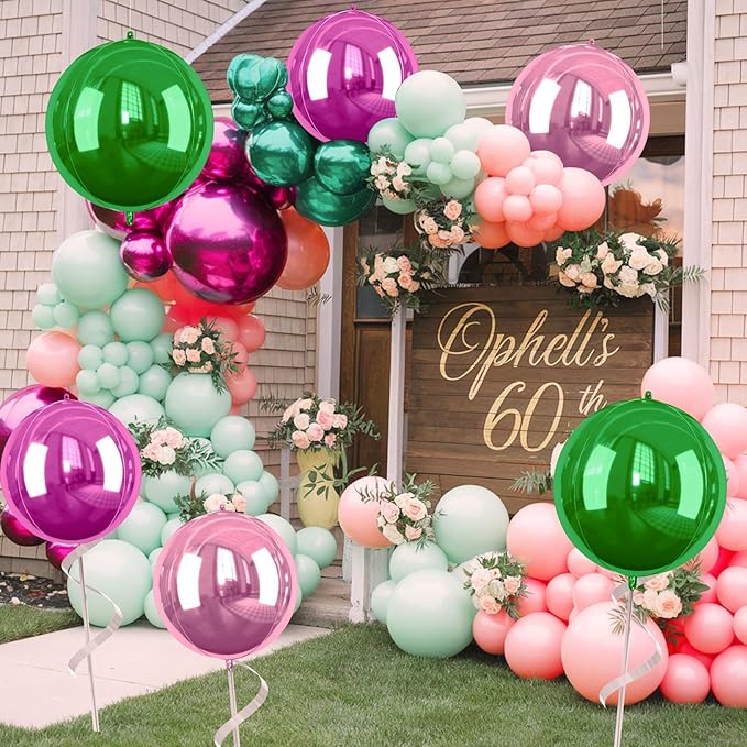 Green Pink Giant 4D Foil Balloons, 6 Pcs Large Metallic Green Pink Black Round Balloons, 22 Inch Big Round Foil Balloon for Summer Birthday Party Baby Shower Graduation Wedding Decorations