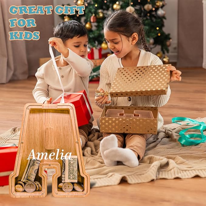 Wooden Letter Piggy Bank for Kids Larger Letter Piggy Bank for Boys and Girls Personalized Piggy Bank Initial Coin Bank Wood Kids Money Bank for Birthday and Festival