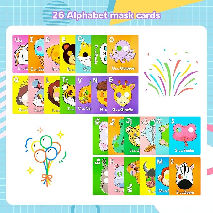 26 PCS Alphabet ABC Flash Cards with Animal Masks, Colorful Alphabet Mask Cards, Giant Letter ABC Animal Faces Flash Learning Flashcards, Interactive Education Games, Learn Letters