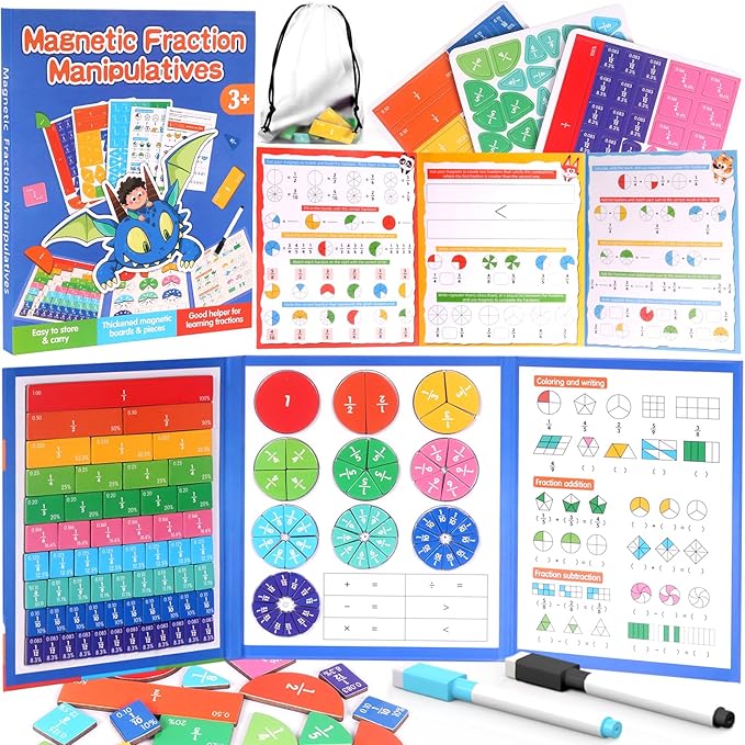 Magnetic Fraction Educational Puzzle, 120 Pcs Magnetic Fraction Puzzle for Kids, Magnetic Fraction Tiles & Fraction Circles, Fractions Manipulatives Learning Games for Elementary School