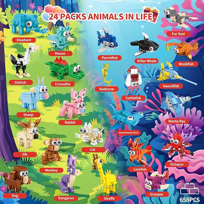 Party Favors for Kids - 24 Pack 72 Kinds of Animals Building Block Toy Stocking Stuffers Classroom Prizes Goodie Bags Easter Gifts Building Set, Christmas Birthday Gift for Boys Girls Ages 6-12+