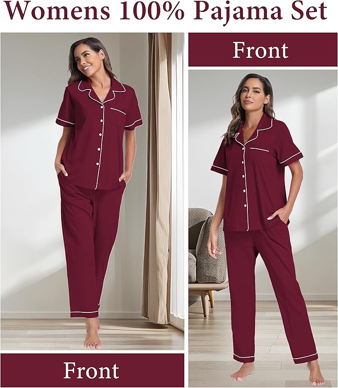 CF Womens 100% Cotton Pajamas Set Button Down Pjs Sets Short Sleeve Top & Long Pants Sleepwear Comfy Loungewear with Pockets