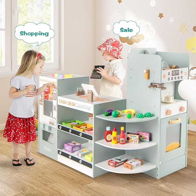 HONEY JOY Kids Grocery Store Playset, Wooden Play Store w/Coffee Maker & Vending Machine, Toddler Supermarket Checkout Stand w/Cash Register, Display Shelves, Play Food, Grocery Store Pretend Play