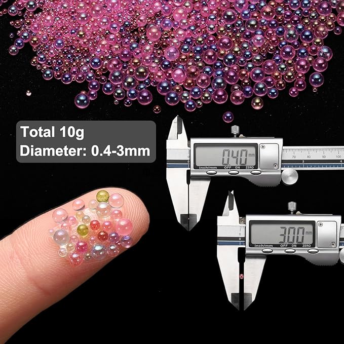 Iridescent Glass Tiny Bubble Beads, 0.4-3mm 10g No Hole Micro Mini Round Purple Pink Water Droplets Beads - Applications: for Resin Filler, Nail Art, Dollhouse Bath Tub