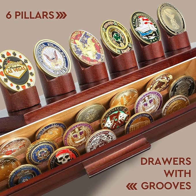 Challenge Coin Display Case, Military Coin Collection Holder with Wooden Coin Box, Drawers, and Clear Acrylic Lid – Gifts for Coins Collectors (6 Pillars)