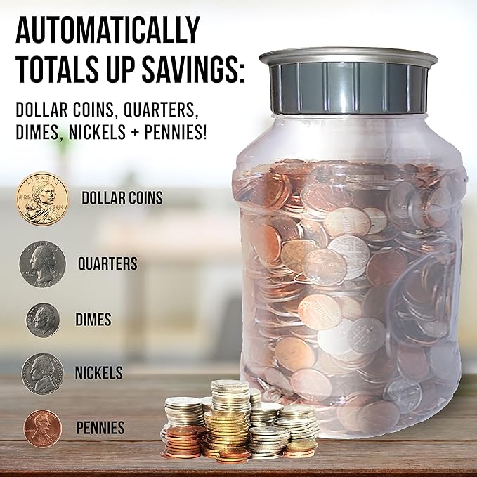 Jumbo Digital Coin Counter Bank - Extra Large Savings Jar for Pennies Nickles Dimes Quarters Half Dollar and Dollar Coins | Clear Jar w/LCD Display
