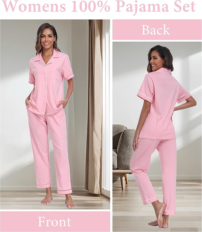 CF Womens 100% Cotton Pajamas Set Button Down Pjs Sets Short Sleeve Top & Long Pants Sleepwear Comfy Loungewear with Pockets