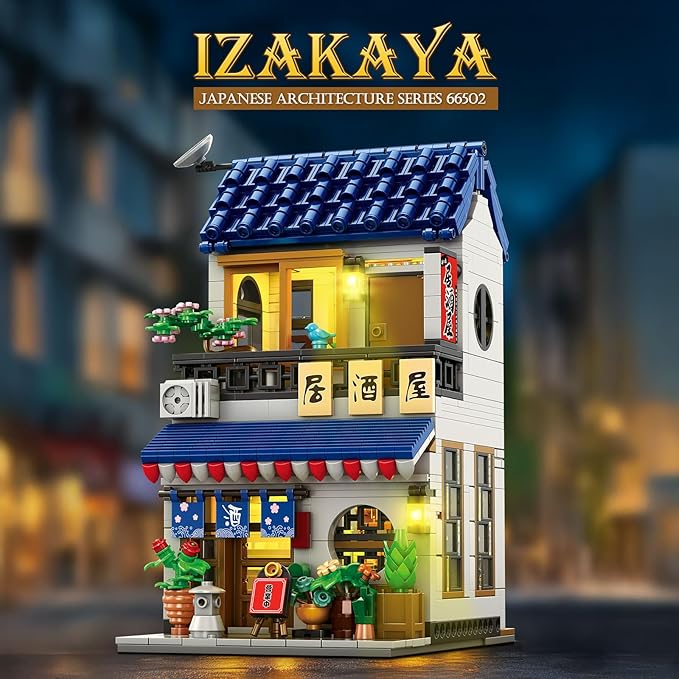 Reobrix Japanese Izakaya Shop Building Blocks 66502, 2 in 1 Creative Street View House Building Kit with Lighting Set, Japanese Architecture Home Office Decor, Ideal Gifts for Boys Girls Adults 14+