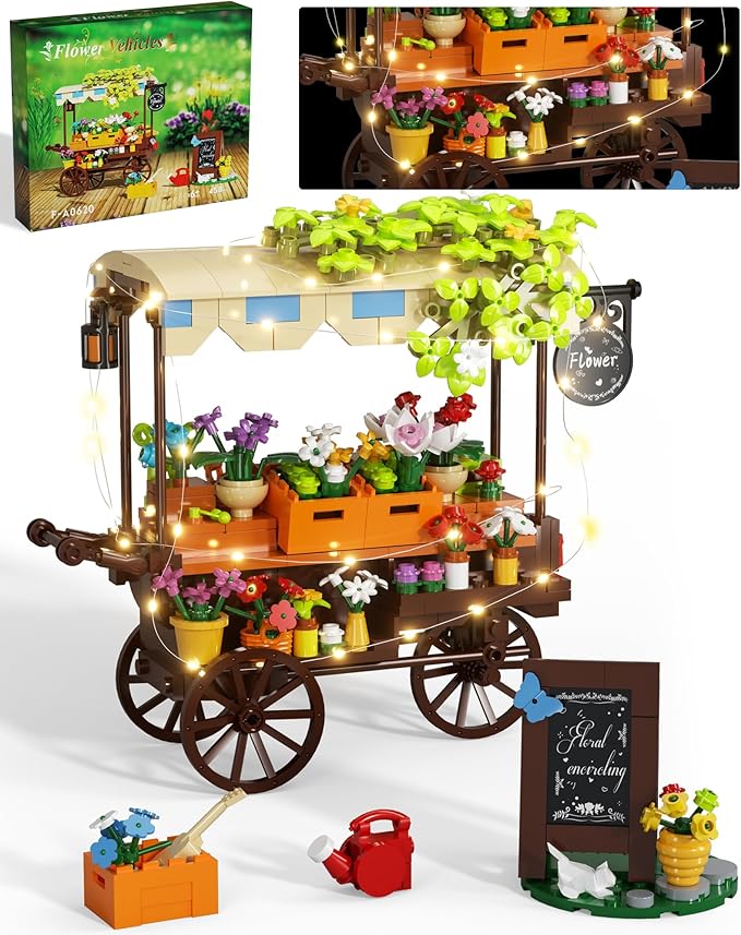 Flower Cart Building Set with LED Strips, Car Shop with Flower Bonsai and Plants Building Kits, Flower Tools and Signs Home Desk Decor Ideas Gifts for Kids 6+