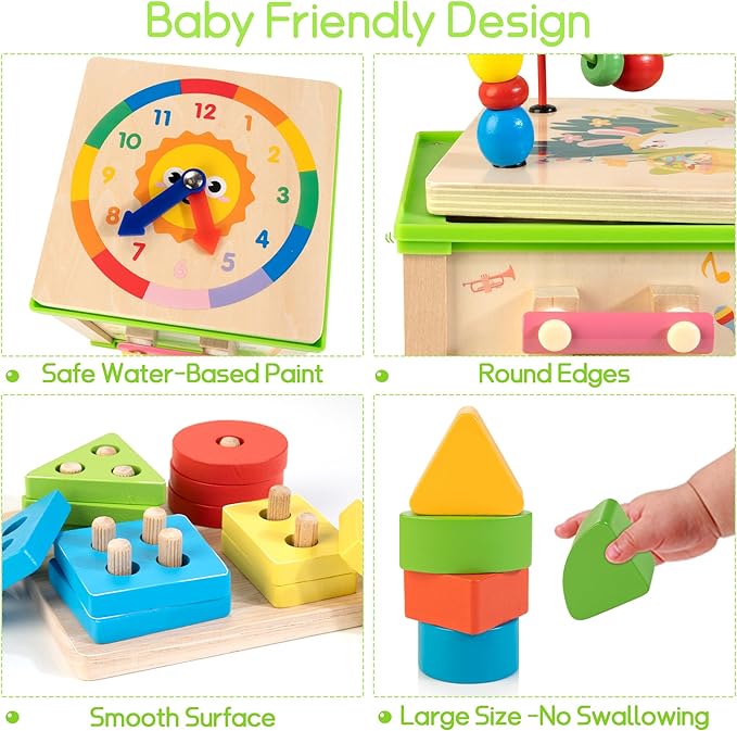 Wooden 7-in-1 Activity Cube| Montessori Toys for 1 2 3 Year Old Toddlers| Baby Educational Developmental Toys |One Year Old Boys Girls First Birthday Gifts |Bonus Sorting & Stacking Board